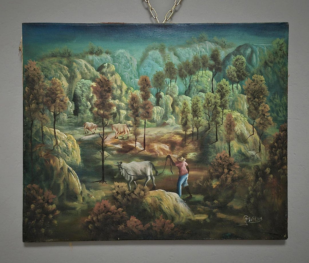 Vintage Naive Art Pastoral Landscape Oil Painting on Canvas, Original ...