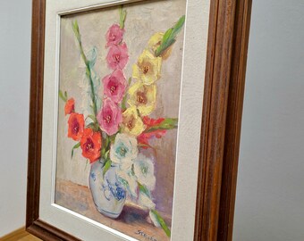 花瓶に飾られたグラジオラスの花の絵画、ヴィンテージの額入り花の油絵