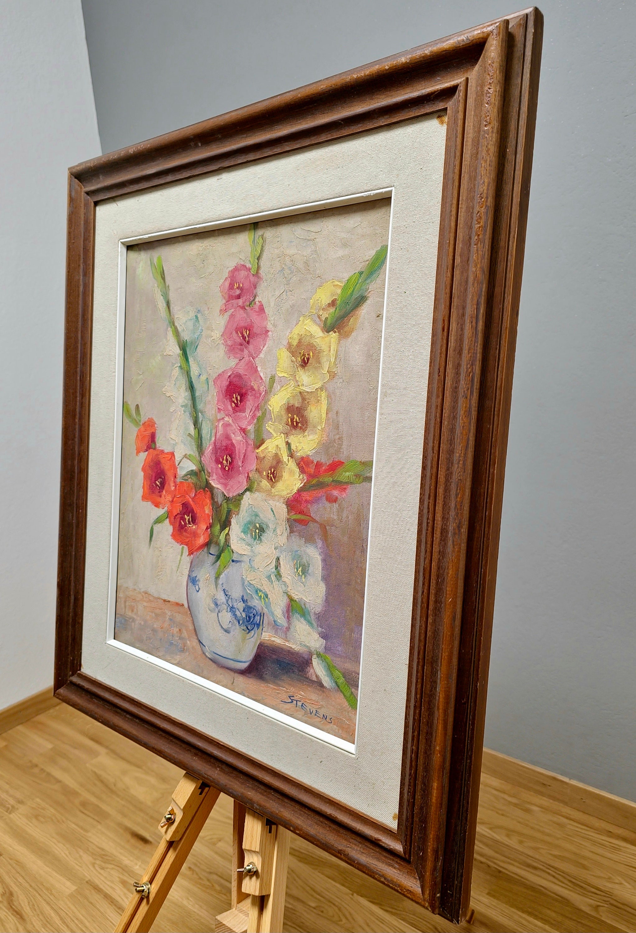 花瓶に飾られたグラジオラスの花の絵画、ヴィンテージの額入り花の油絵