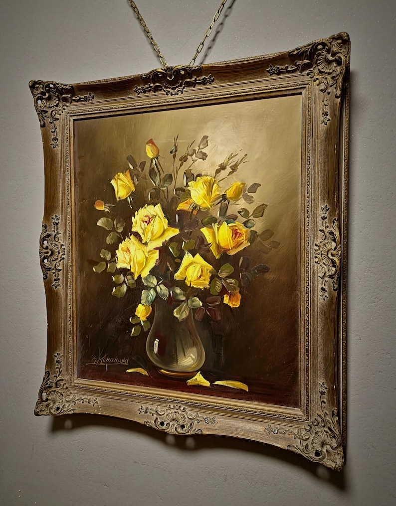 An elegant mid century floral artwork depicting yellow rose arrangement in glass vase, rendered with soft tonal transitions and natural depth, embodying European fine art aesthetics, ideal for French country decor, dark academia interior styling, or refined home decoration concepts, attractive to collectors searching for original paintings, flower bouquet art, and meaningful gift ideas for friends, relatives, or art enthusiasts