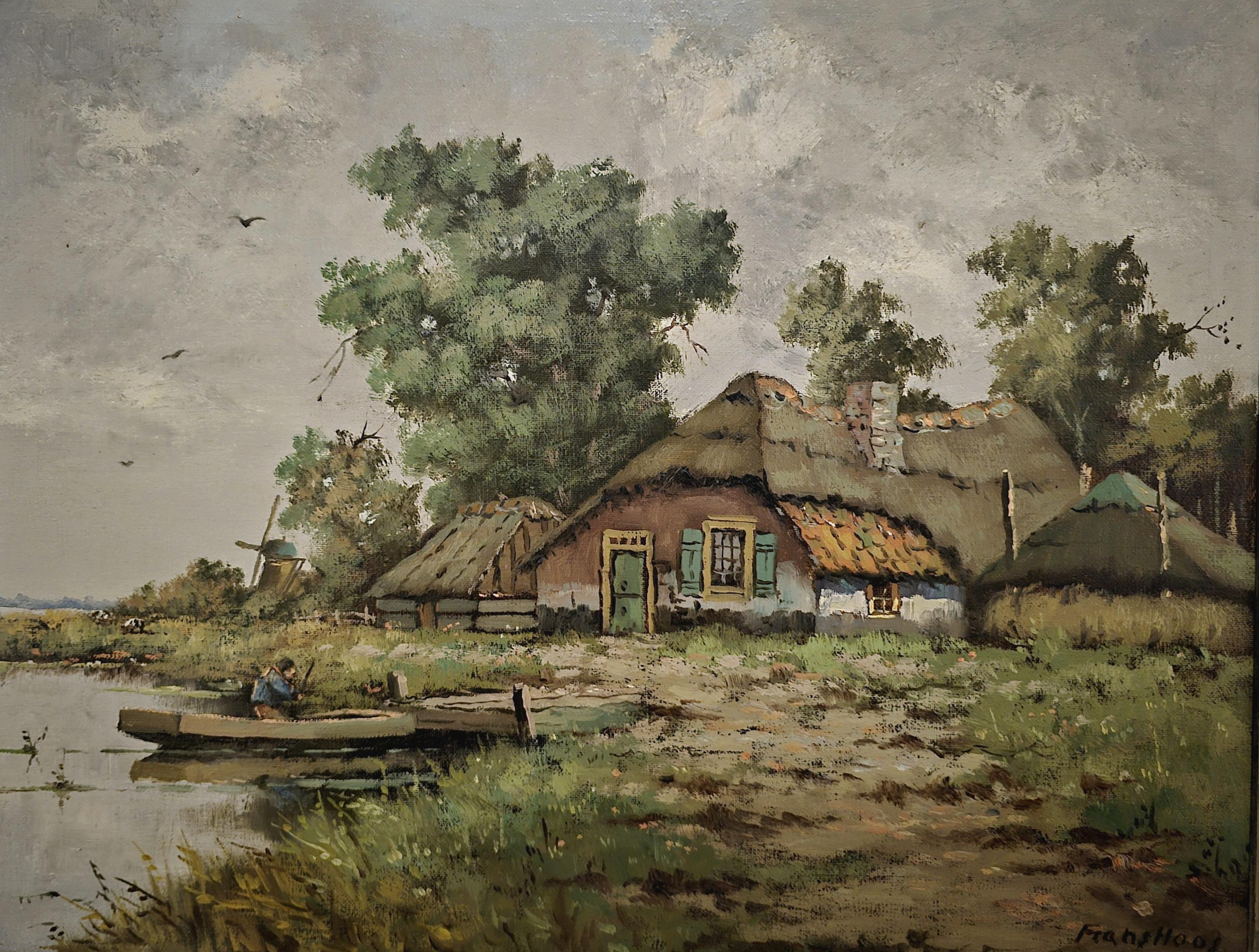 アンティーク オランダ風景油絵 サイン入り 印象派 キャンバス