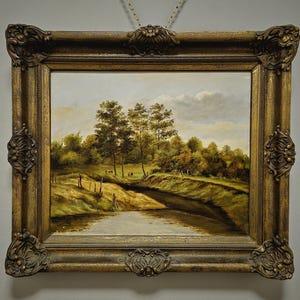 Antike Holländische Landschaftsölmalerei, signiertes Kunstwerk mit Kühen, rustikale Wanddekoration, Sammlerstück Pastoralszene, goldener verzierter Rahmen