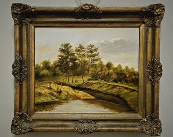 Antique Dutch Landscape Oil Painting, Signed Artwork with Cows, Vintage Rustic Wall Decor, Collectible Pastoral Scene, Golden Ornate Frame