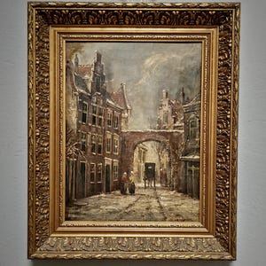 Vintage Dutch Streetscape Oil Painting, Signed Gold Framed Original Artwork, Cottagecore Decor, Home Wall Art, Collectible Fine Landscape