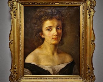 ヴィンテージフローラルな女性の肖像画油絵、クラシックなヨーロッパの