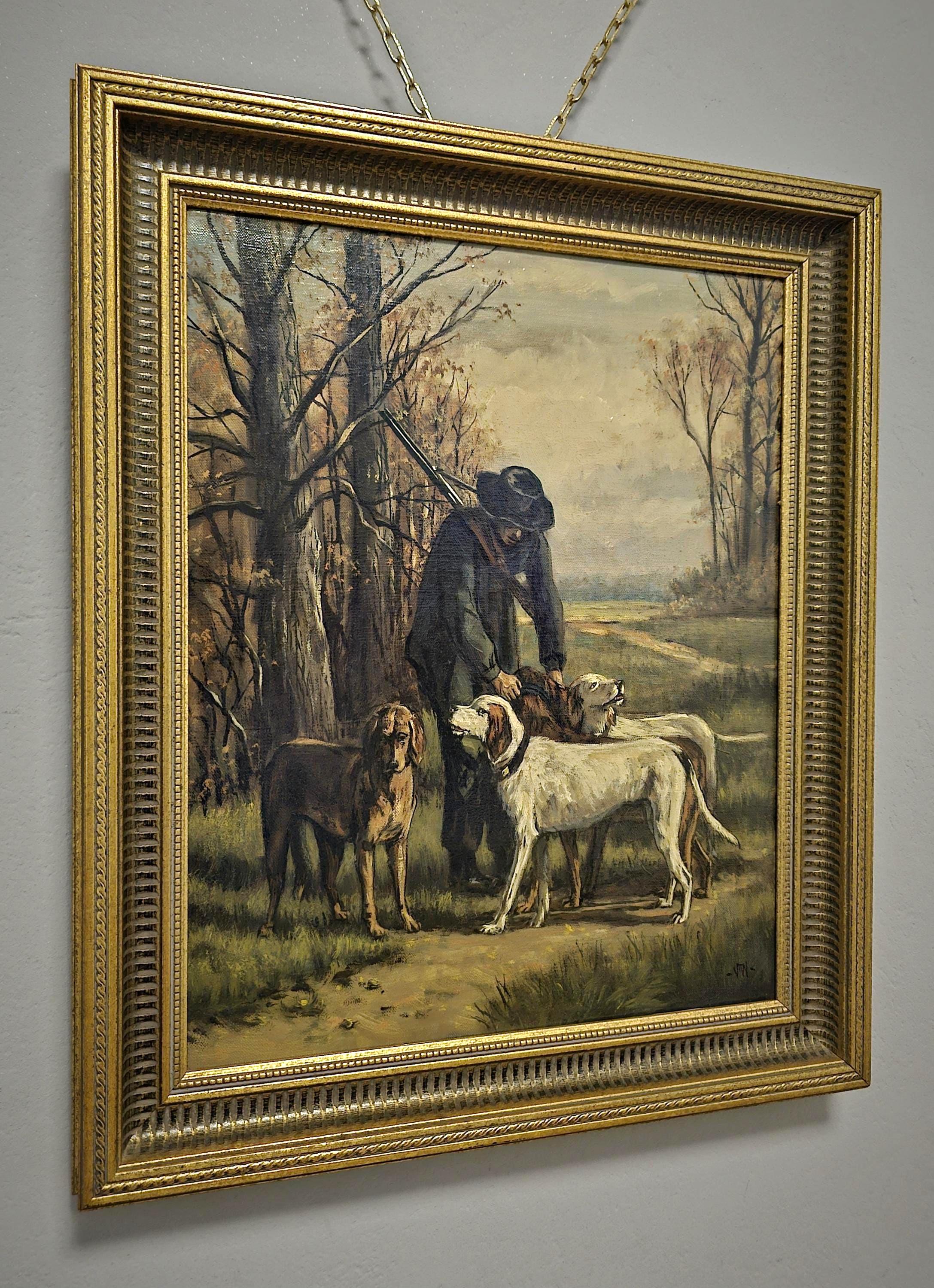 アンティーク オランダ 狩猟 油絵、署名入り 19 世紀のアート