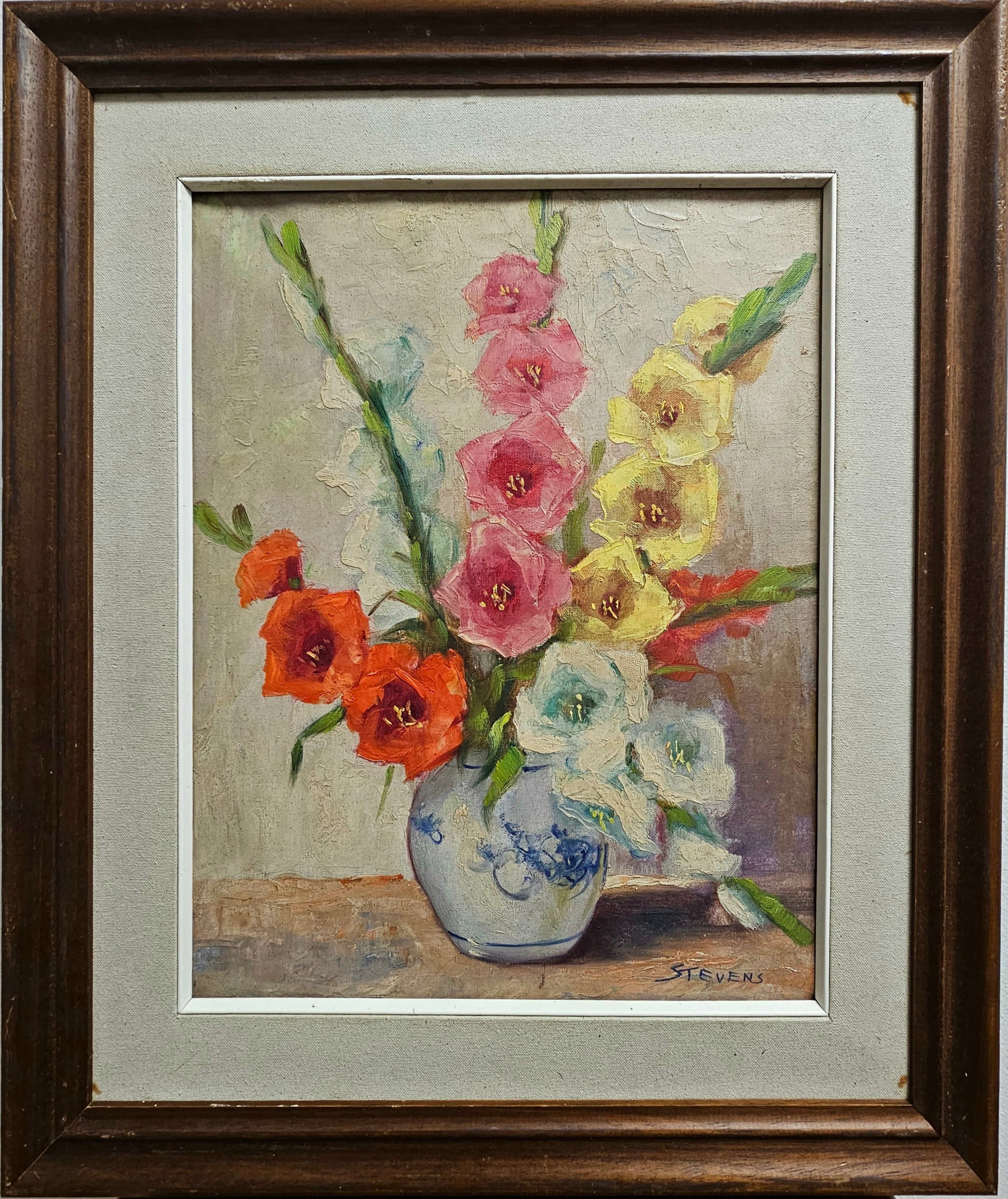 絵画 油絵　グラジョウラス 花瓶に飾られたグラジオラスの花の絵画、ヴィンテージの額入り花