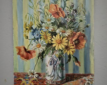 Antikes französisches Ölgemälde, Bunter Stillleben-Blumenstrauß, signiertes Original Kunstwerk, elegantes Vintage Wand-Kunst-Dekor, Cottagecore Geschenk