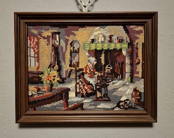 Vintage European Needlepoint Wall Art, Framed Textile Embroidery