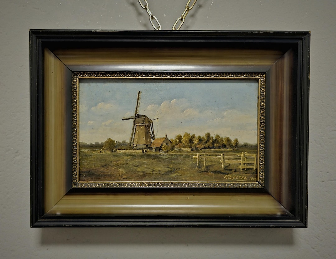 Antique Dutch Oil Painting, Original Dark Moody Windmill