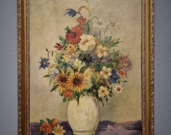 フランスのヴィンテージ花の油絵、青い花瓶のバラ、1930年代の署名入り