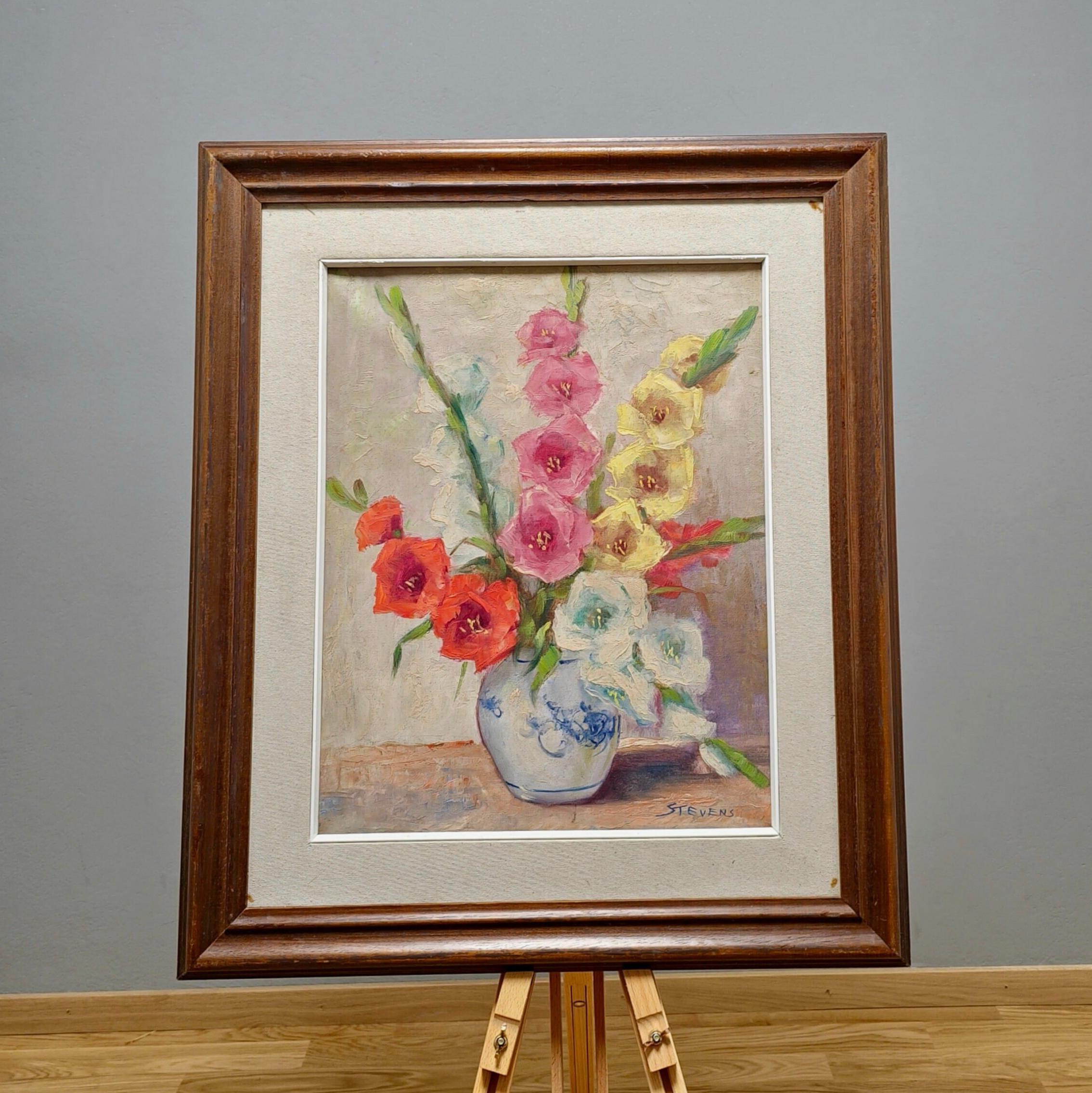 絵画 油絵　グラジョウラス 花瓶に飾られたグラジオラスの花の絵画、ヴィンテージの額入り花