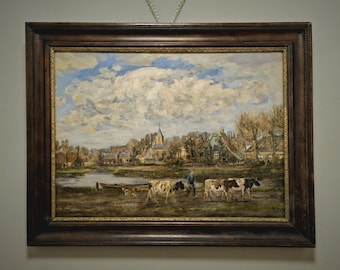 Grande peinture à l'huile ancienne de paysage hollandais, oeuvre d'art signée, décoration d'intérieur européenne, oeuvre d'art murale encadrée vintage, scène rurale XXL de collection
