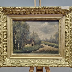 アンティーク フランス風景油絵 19世紀 署名入り バルビゾン派