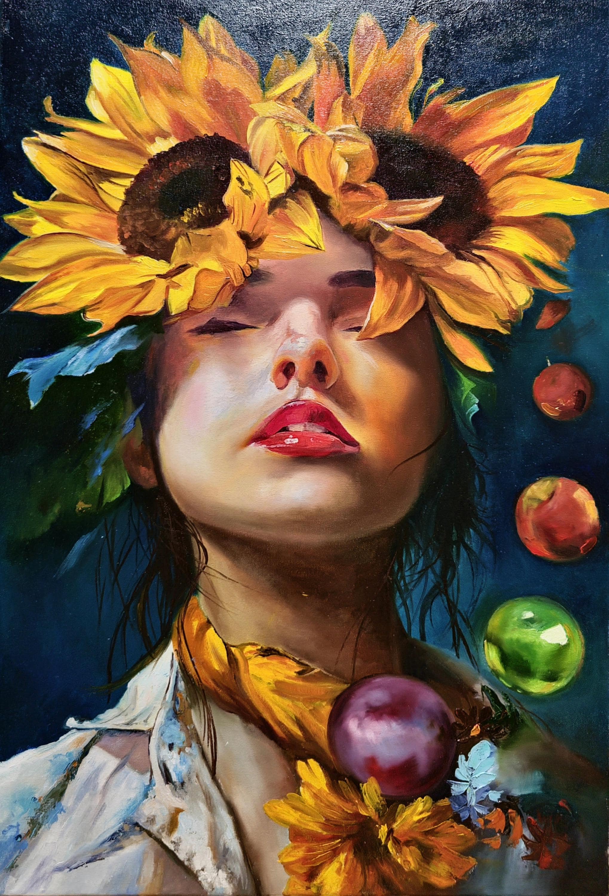 Surreal Woman Sunflower Portrait Oil Painting, Moody Fruits of the