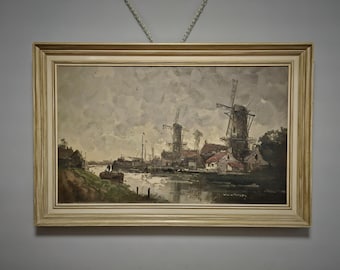 アンティークフランスロマン主義油絵、19世紀の風景画、署名入り