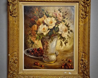 フランスのヴィンテージ花の油絵、青い花瓶のバラ、1930年代の署名入り