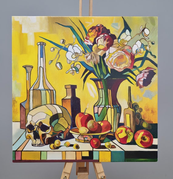 鮮やかな静物画のオリジナル油絵、モダンでムーディーな花と果物の