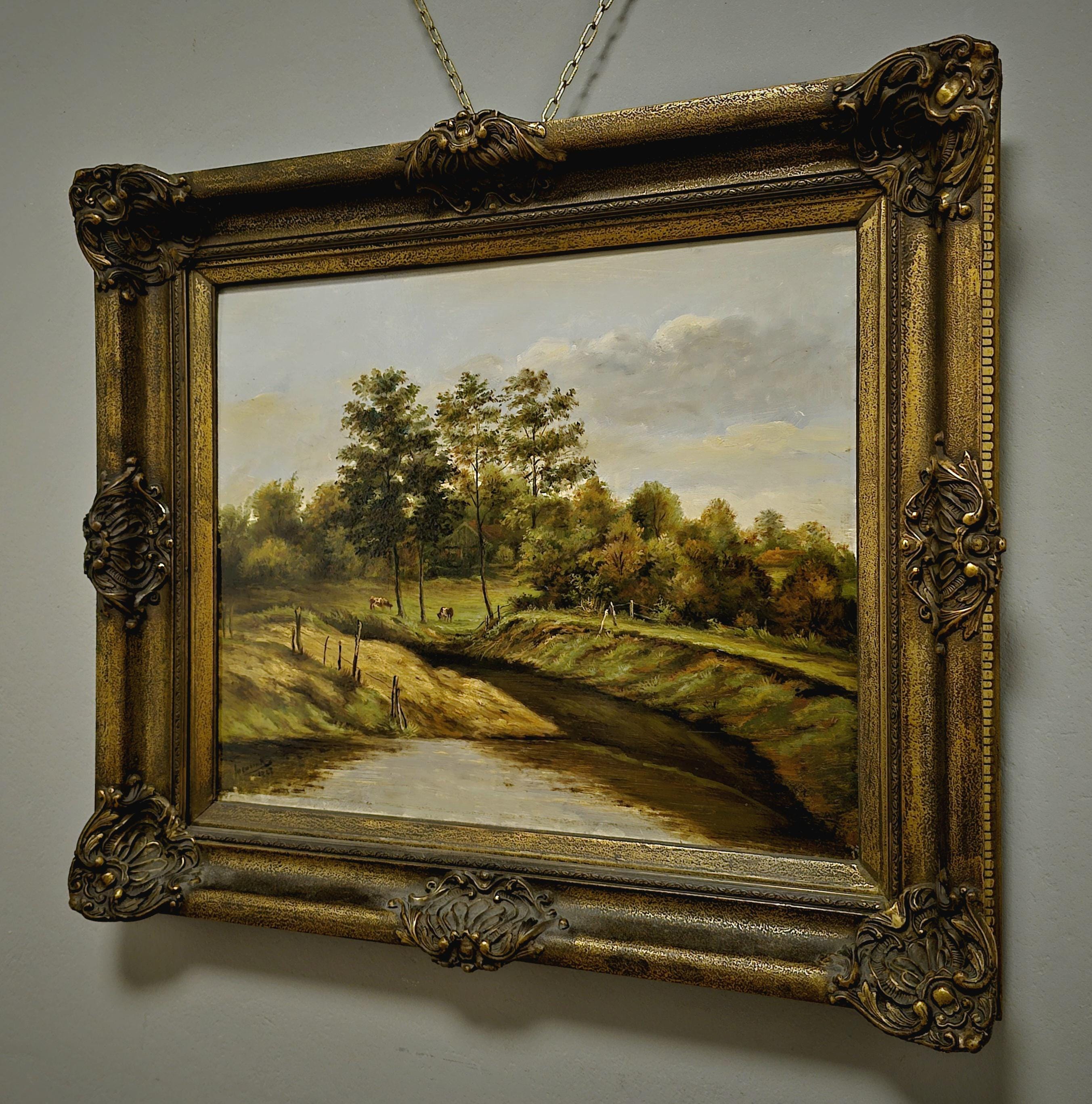 アンティークのオランダ風景油絵、牛が描かれたサイン入り作品