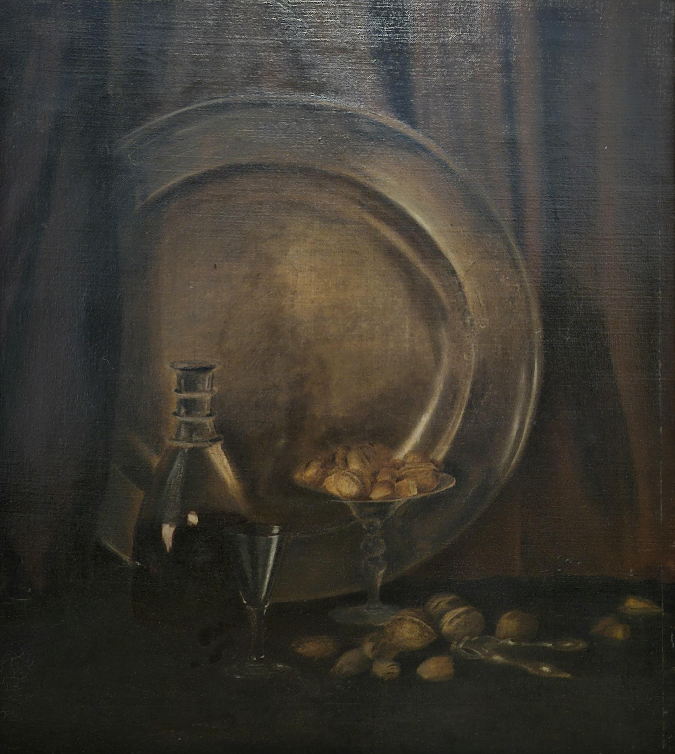 アンティーク オランダ ダーク ムーディ 静物油絵、19 世紀