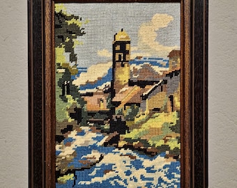 Vintage European Needlepoint Wall Art, Framed Textile Embroidery
