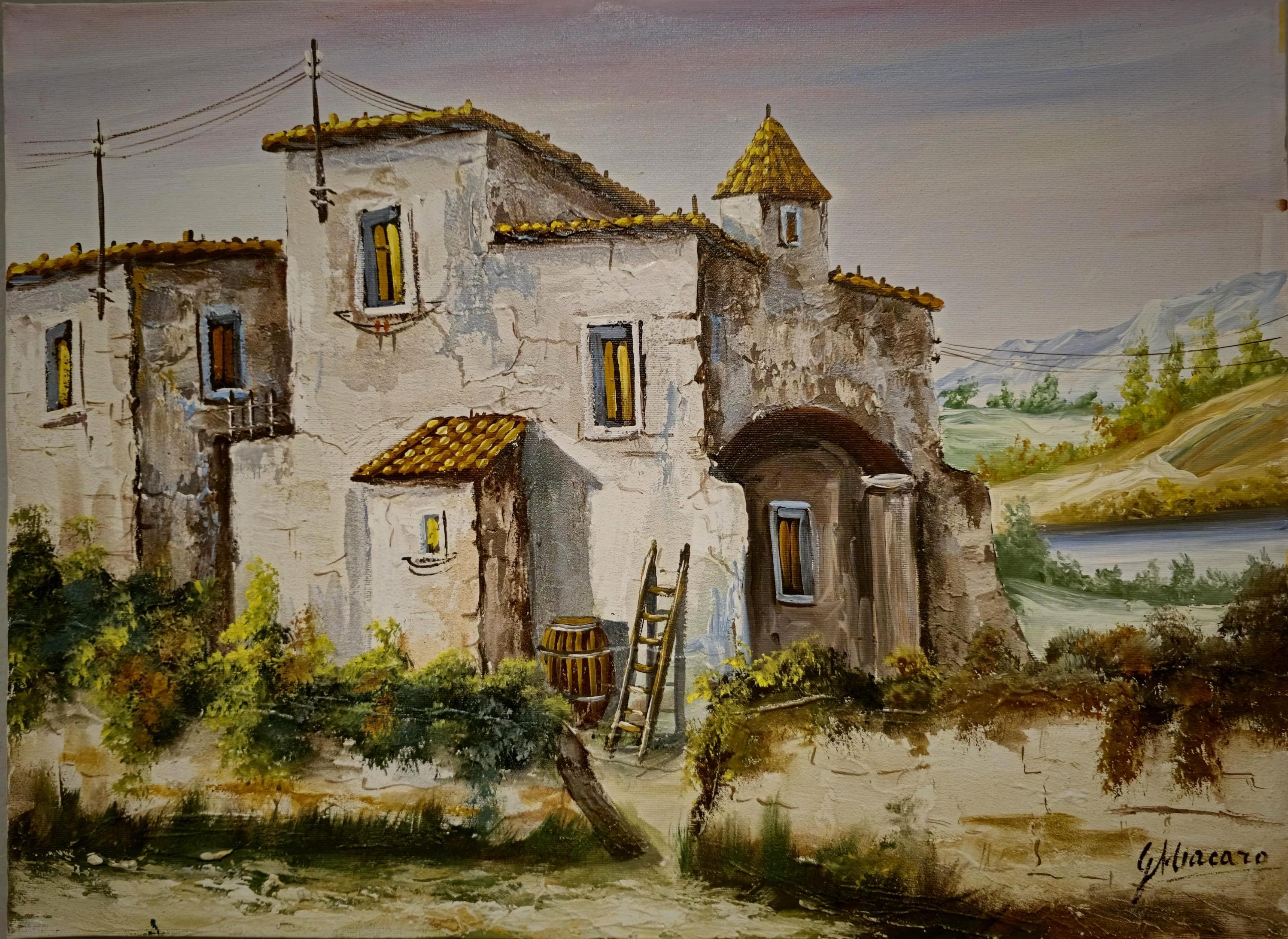 油絵トスカーナ風景 トスカーナの風景油絵 イタリア トスカーナの芸術 厚塗り絵画