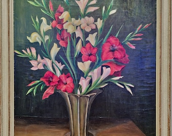 Vintage French Floral Oil Painting, Framed Flower Still Life, 1937