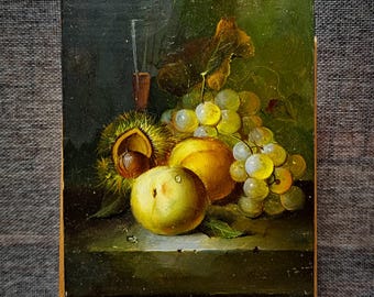 小さなヴィンテージフランスの静物画と風景画の油絵、オランダ風アート