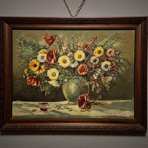 現代的な静物油絵、モダンで大胆なカラフルな果物と花瓶のオリジナル