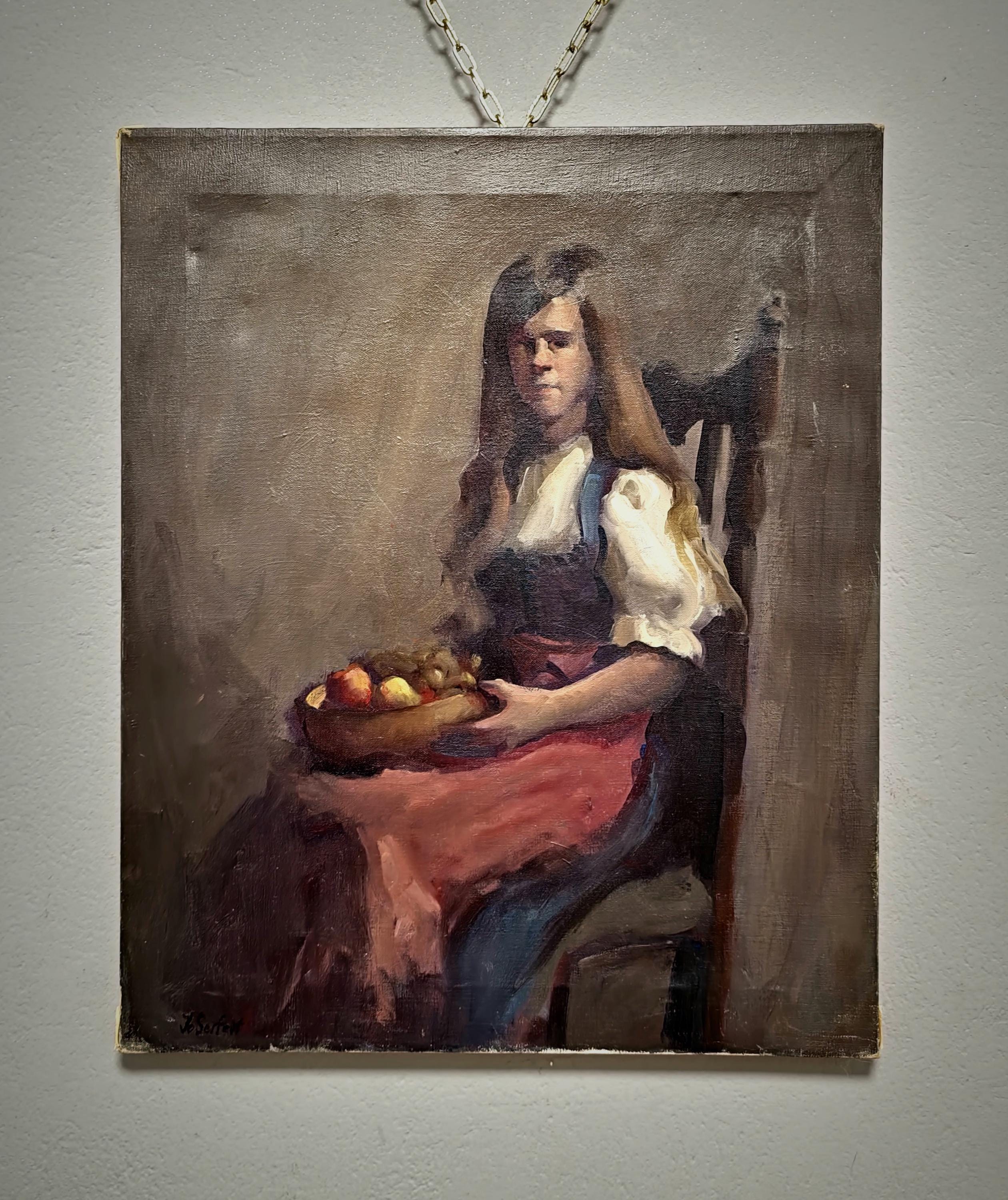 ヴィンテージのスイスの少女の油絵、署名入りのヨーロッパの肖像画 