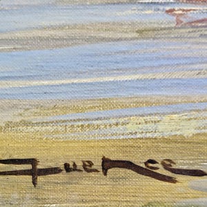 May include: An original oil painting on canvas, featuring a landscape with a sky of blue and white brushstrokes. The foreground has yellow and brown tones. The artist's signature, "Quee", is visible in the lower left corner.