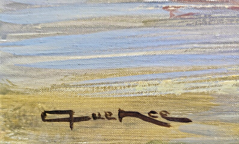 May include: An original oil painting on canvas, featuring a landscape with a sky of blue and white brushstrokes. The foreground has yellow and brown tones. The artist's signature, "Quee", is visible in the lower left corner.