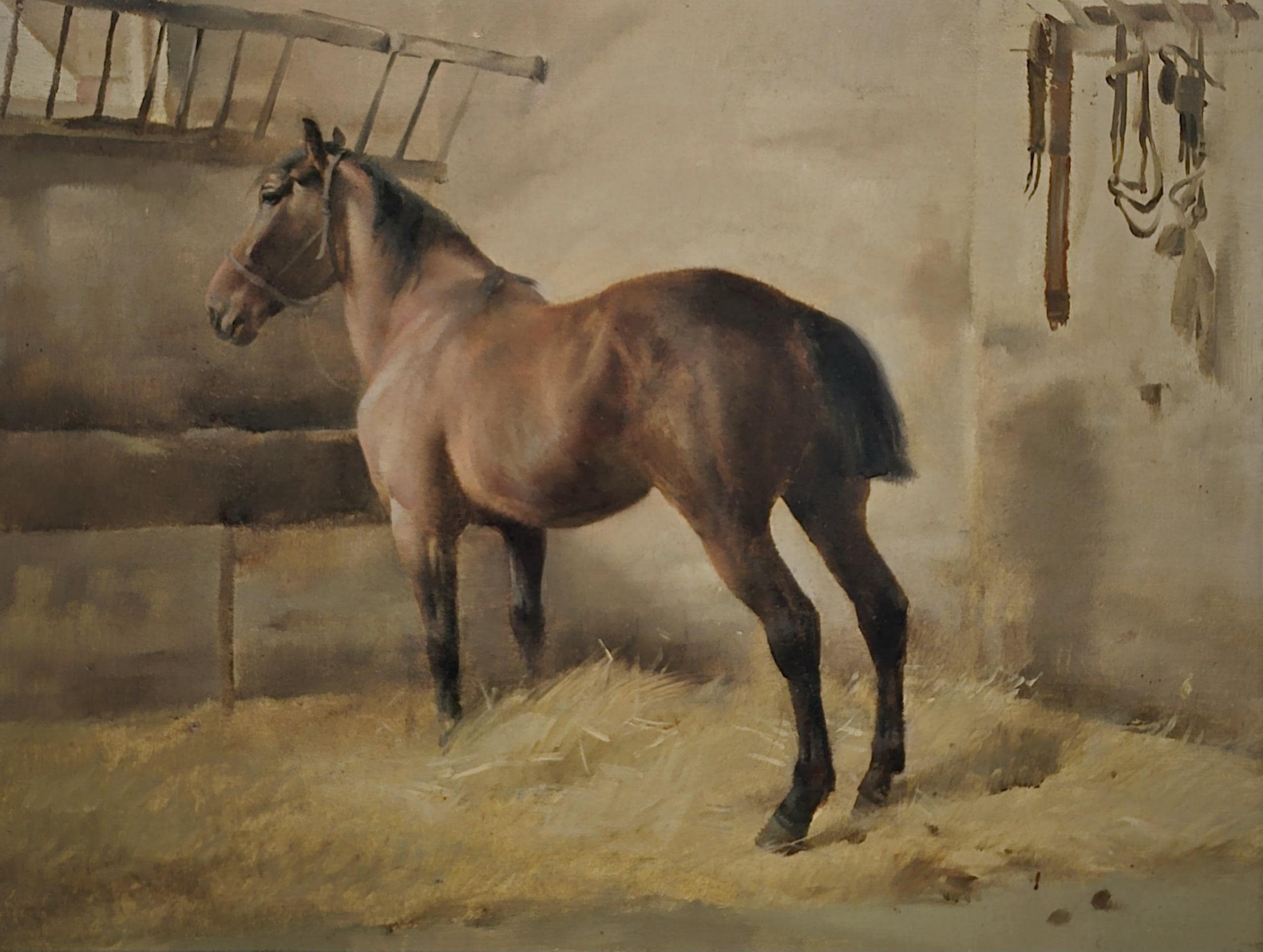 アンティークの馬の油絵、素朴な厩舎の風景、馬の動物のアート作品