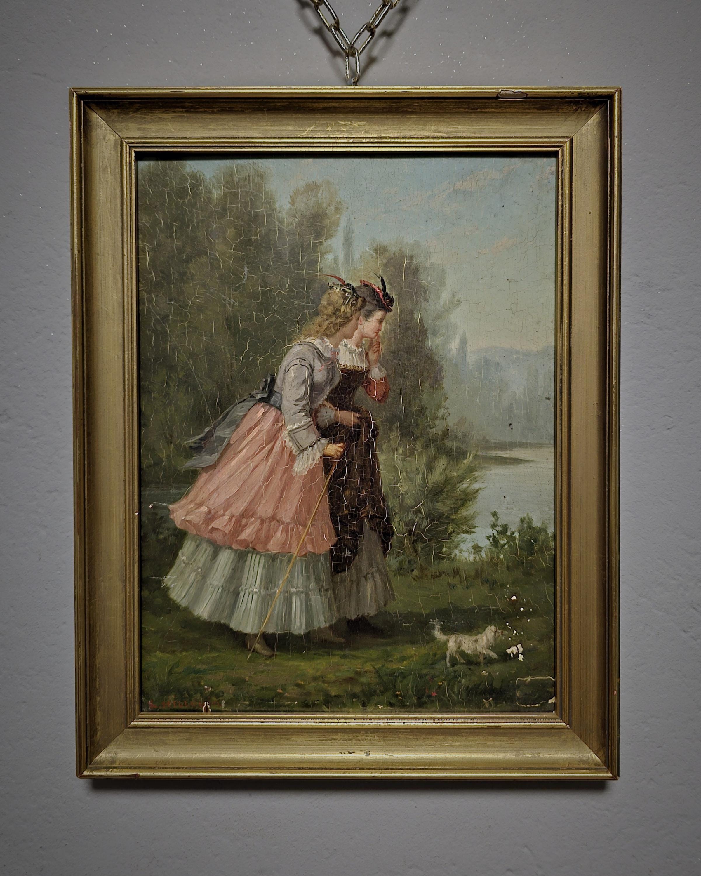 Antique French Oil Painting, 19th Century Signed Genre Scene