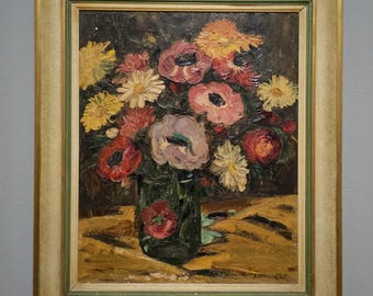 Antique Swiss Still Life Oil Painting, Floral Signed Artwork Elegant Wall Art for Home Decor Timeless Collectible Perfect Vintage Gift Idea