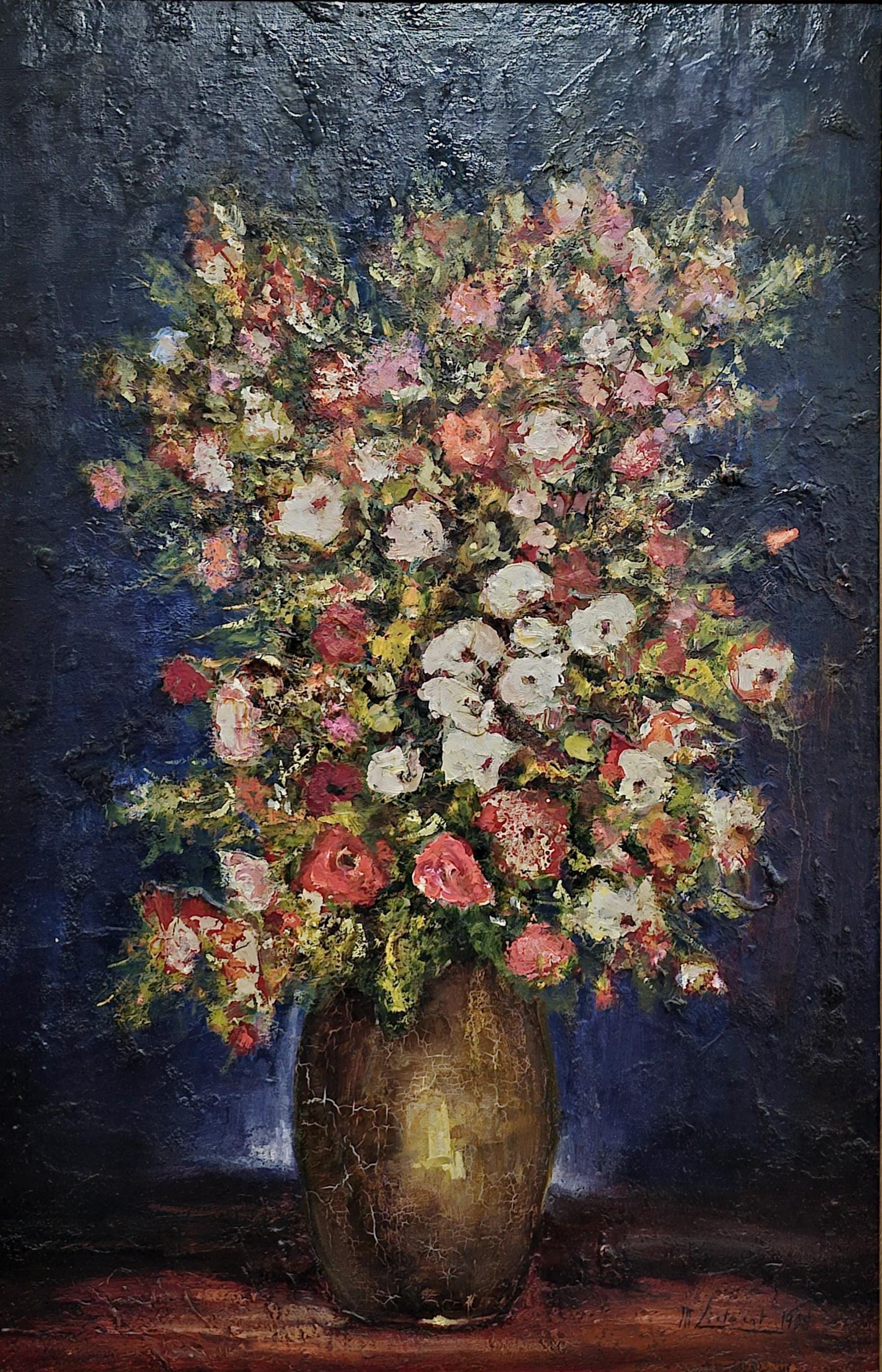 Large Vintage Floral Oil Painting, Dark Moody Impasto Bouquet