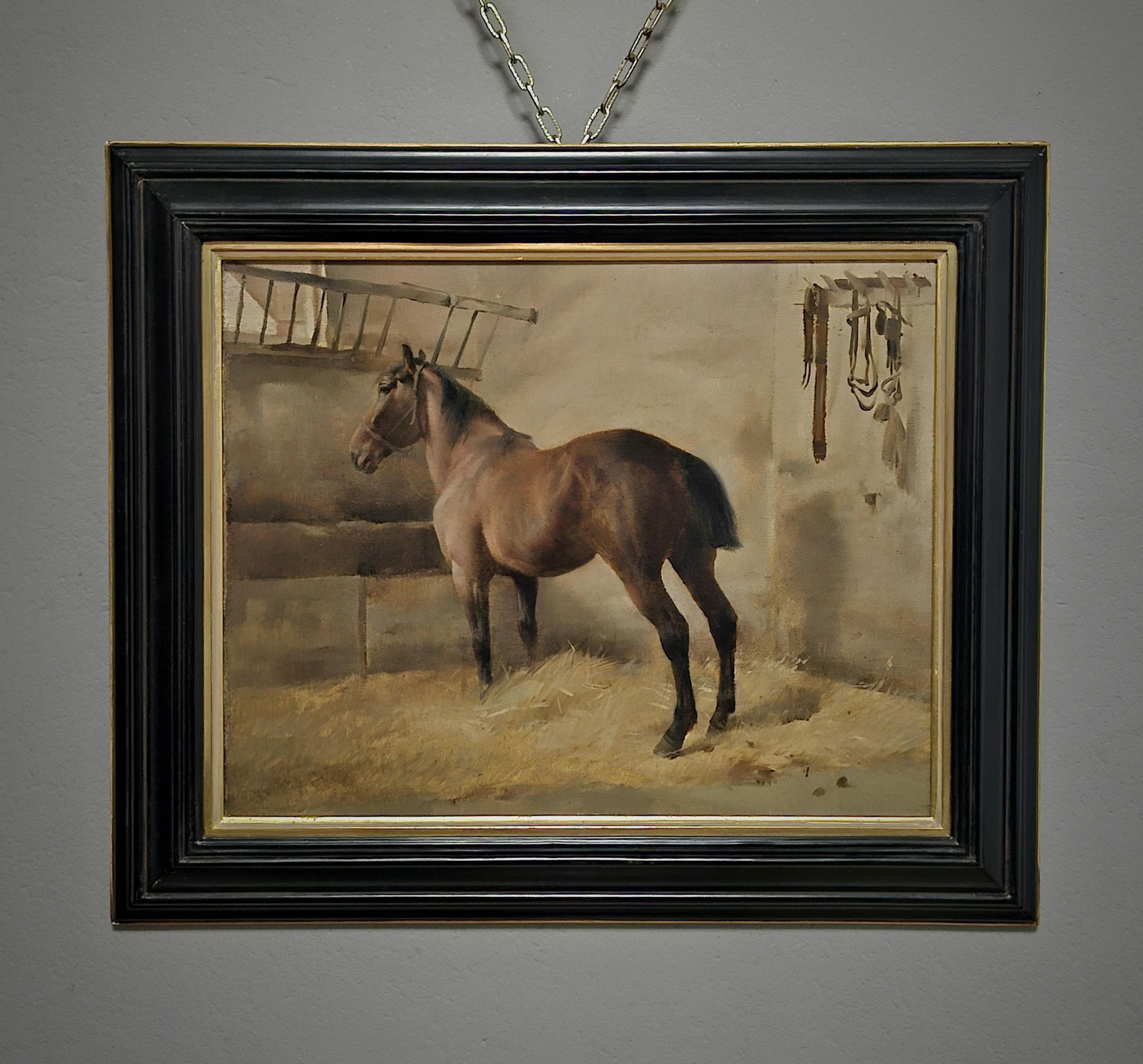 アンティークの馬の油絵、素朴な厩舎の風景、馬の動物のアート作品