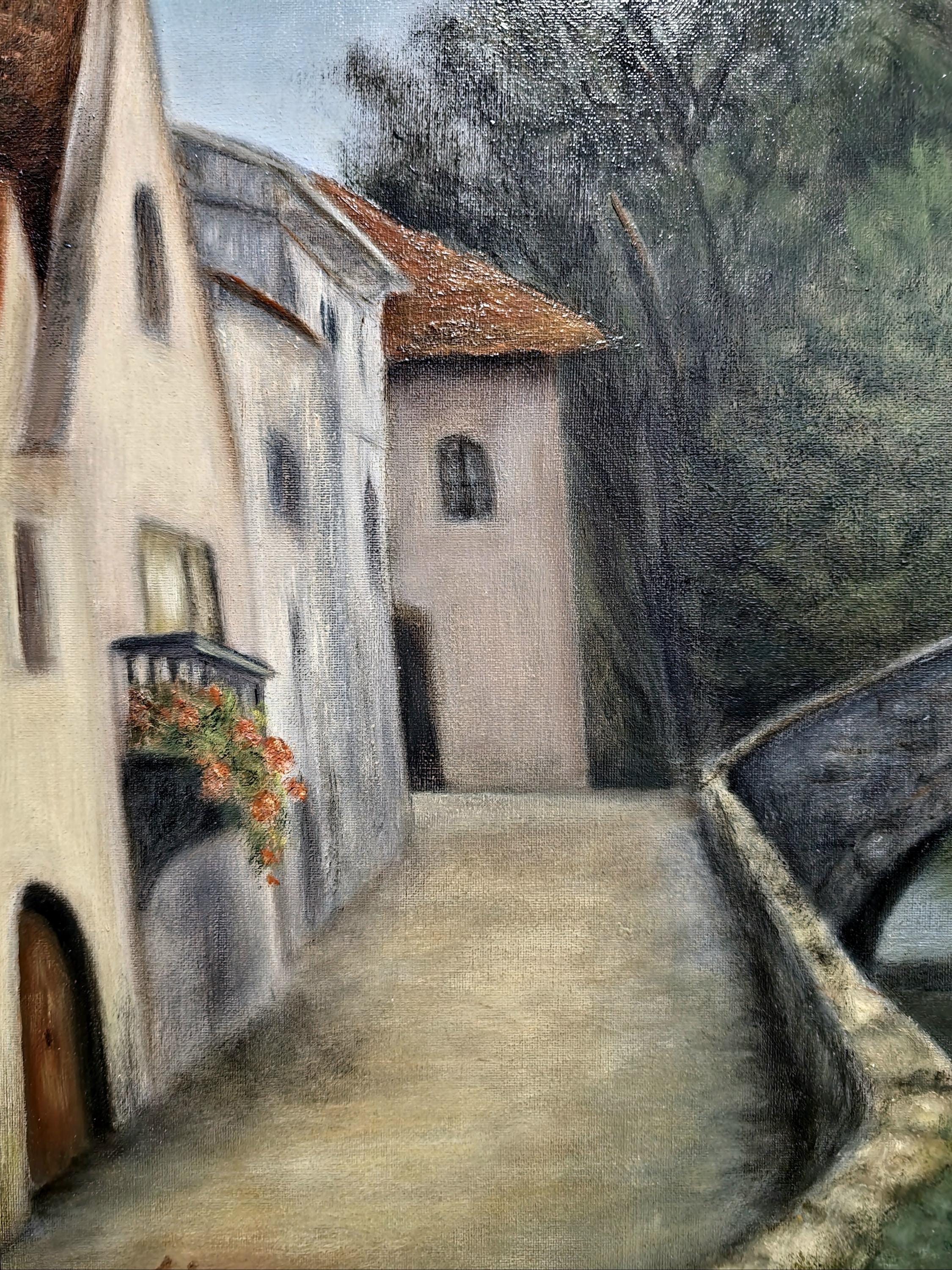 アンティーク油絵、ヴィンテージ印象派風景画、ゴールドフレームの