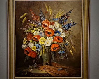ヴィンテージのオランダ製花柄油絵、1939年作の静物画、装飾的な金色の