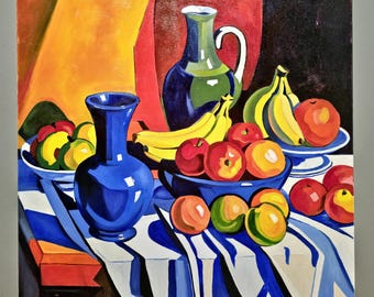 油絵  果実  4F 現代静物油絵、モダンで大胆なカラフルなフルーツの花瓶の