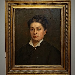 Ancien portrait à l'huile français, dame du XIXe siècle, peinture de femme aristocratique, oeuvre d'art originale de qualité musée signée, oeuvre d'art encadrée or