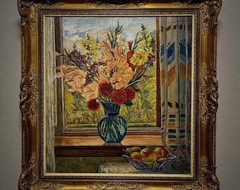 ヴィンテージのオランダ製花柄油絵、1939年作の静物画、装飾的な金色の