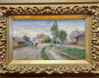 アンティークな村の油絵、19世紀の風景画（額入り）、ヨーロッパ