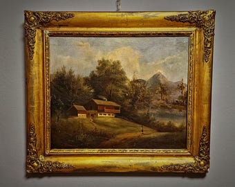 アンティーク フランス風景油絵 19世紀 署名入り バルビゾン派