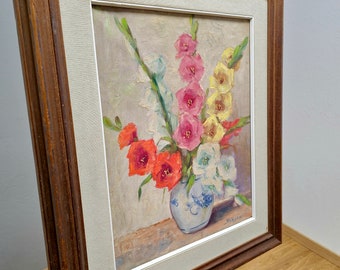 花瓶に飾られたグラジオラスの花の絵画、ヴィンテージの額入り花の油絵