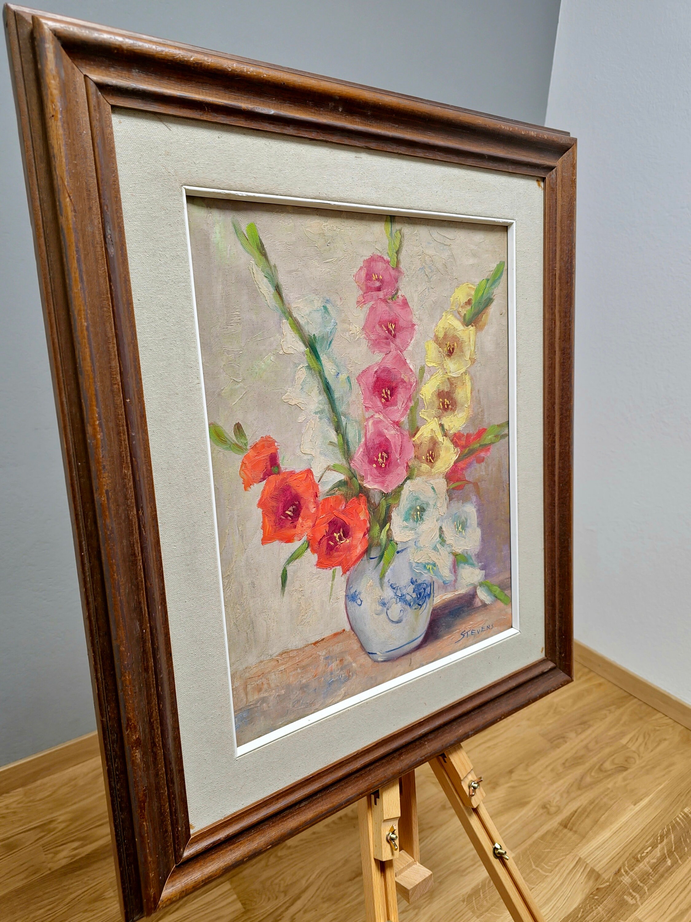 絵画 グラジョウラス 花瓶に飾られたグラジオラスの花の絵画、ヴィンテージの額入り花