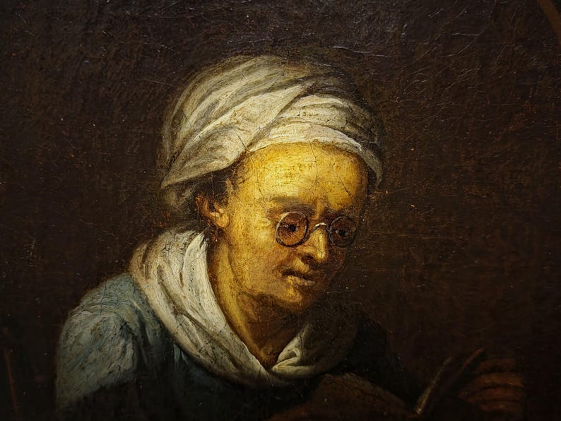 Appealing Rare Rare 18th Century Dutch Oil Painting, Old Woman Reading With Glasses ...