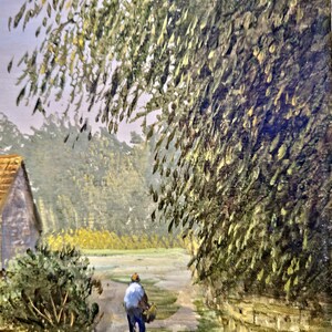 May include: Oil painting of a rural scene with a figure walking along a path. A stone wall and overhanging tree branches frame the path. A building with a brown roof is visible on the left side of the image. The painting uses a muted color palette.
