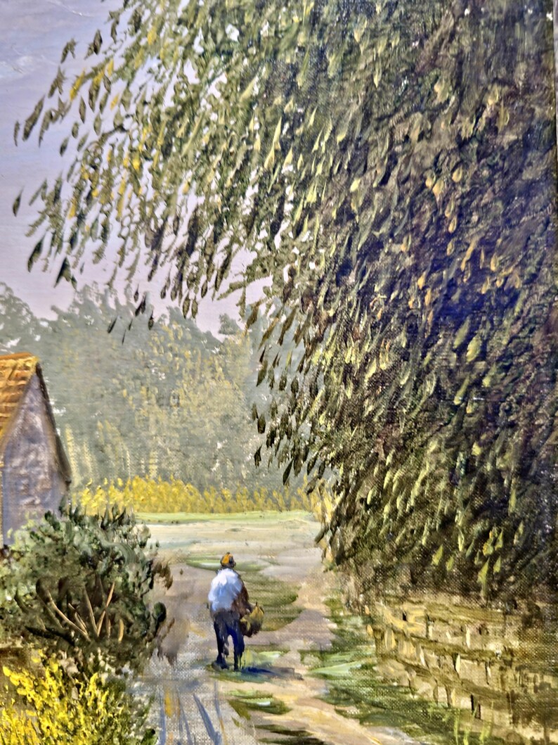 May include: Oil painting of a rural scene with a figure walking along a path. A stone wall and overhanging tree branches frame the path. A building with a brown roof is visible on the left side of the image. The painting uses a muted color palette.