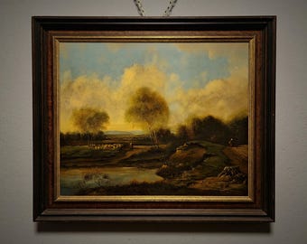 アンティーク フランス風景油絵 19世紀 署名入り バルビゾン派